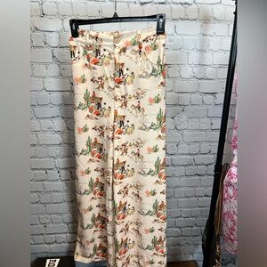 Printed Wide-Leg Women’s Pants in Cream with Desert Motif